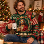 close up of the I'M TELLING DAD ugly christmas sweater design showing