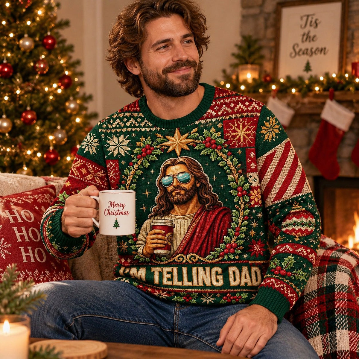 close up of the I'M TELLING DAD ugly christmas sweater design showing