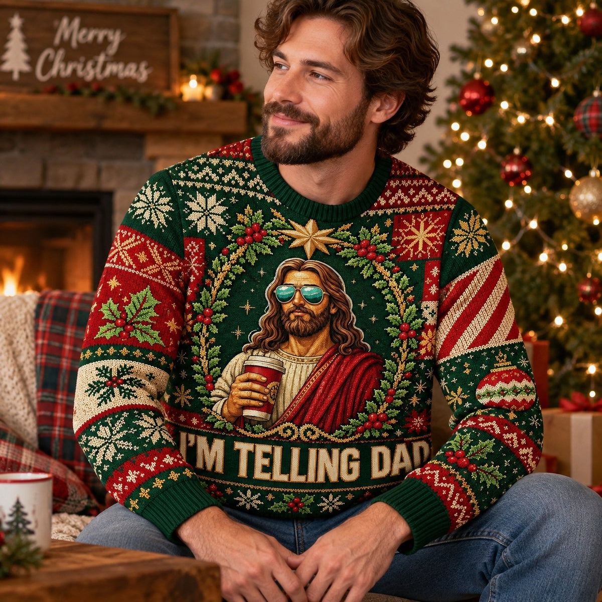 side angle of the funny I'M TELLING DAD christmas jumper worn on