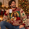 man holding mug wearing an all over print ugly christmas sweater with