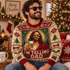 man in sunglasses modelling the funny I'M TELLING DAD christmas sweater in