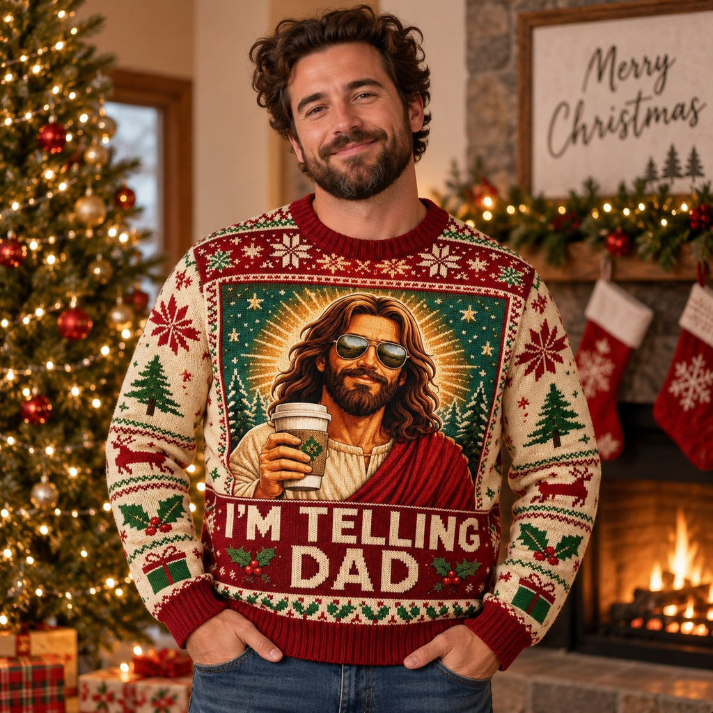 front view of the I'M TELLING DAD merry christmas pullover by the