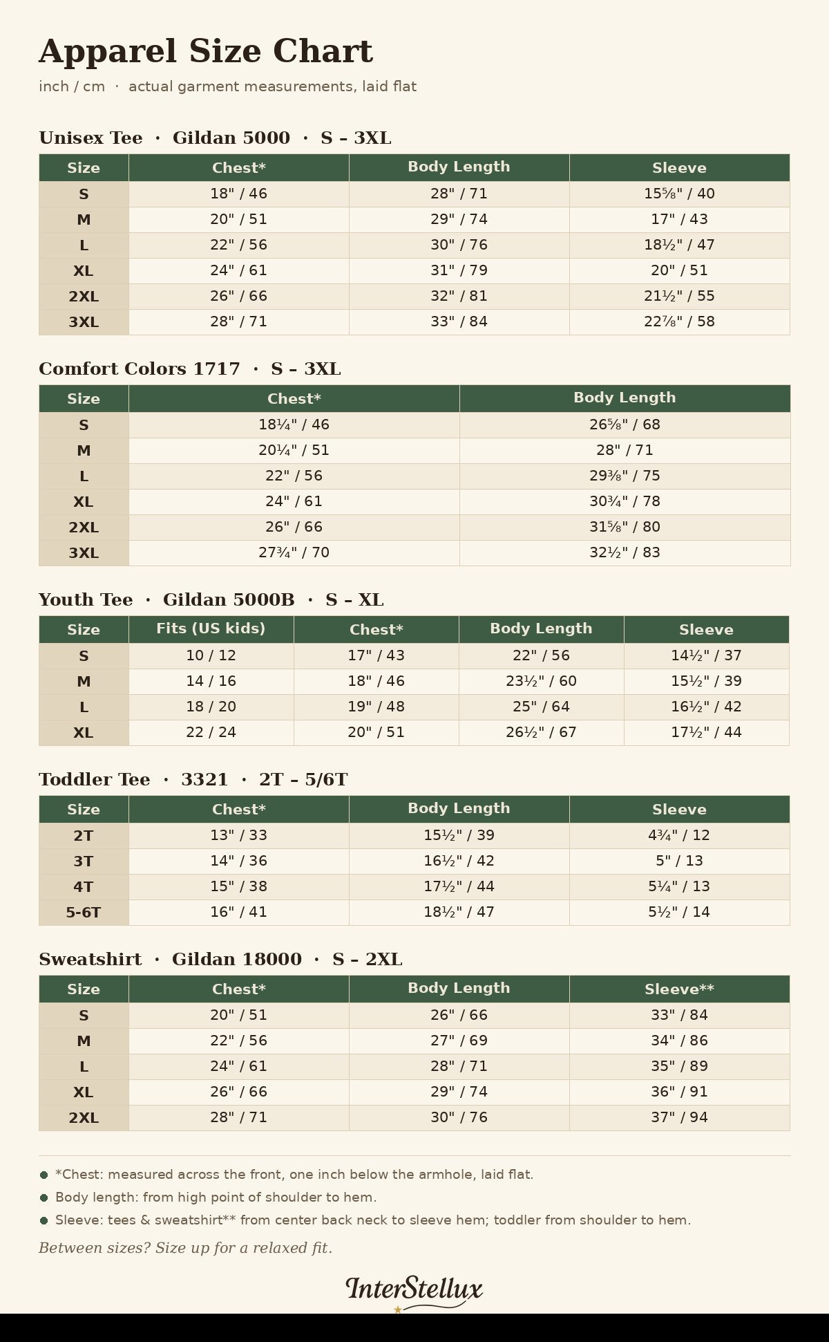 InterStellux graphic tee and hoodie size chart