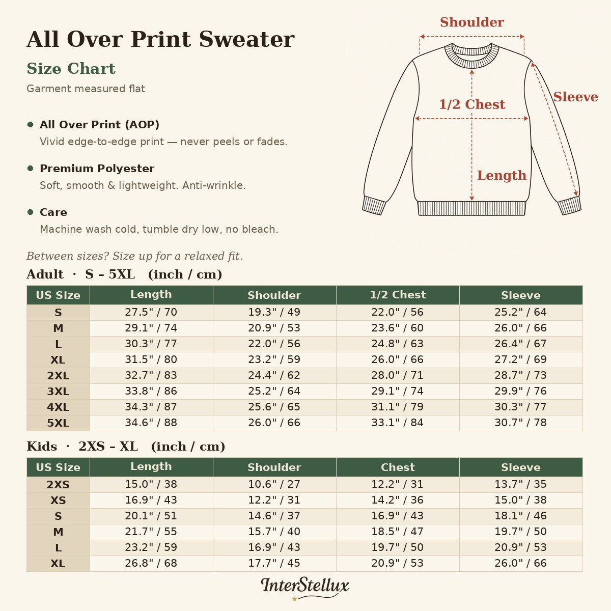 InterStellux all over print sweater size chart