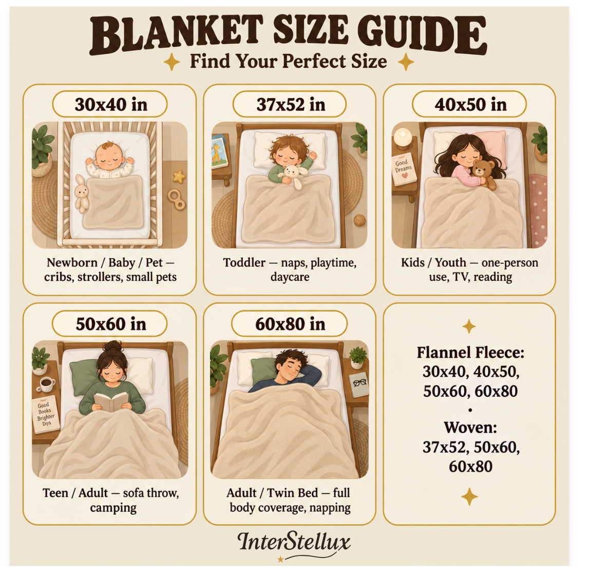 InterStellux flanel fleece blanket size chart