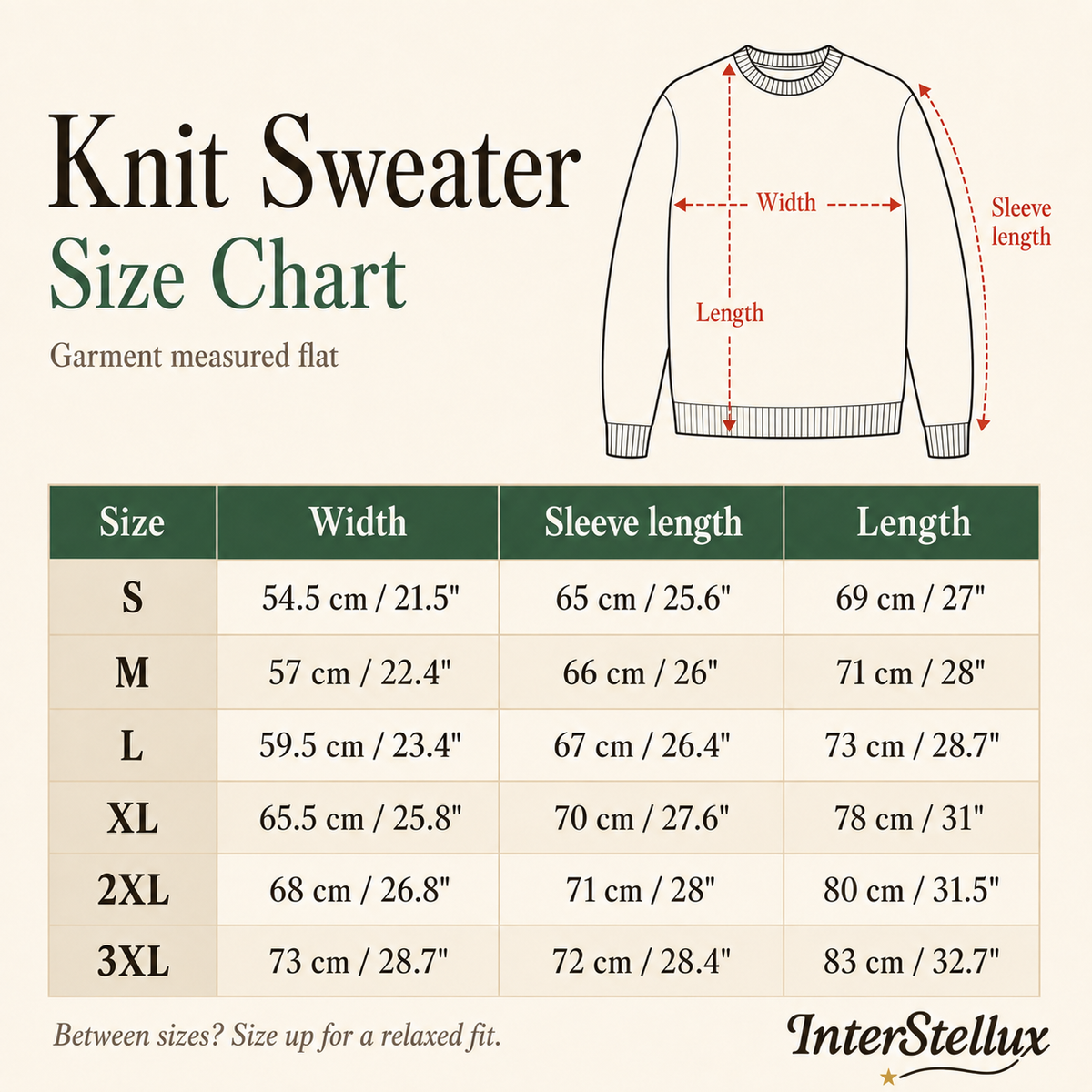 InterStellux knit sweater size chart