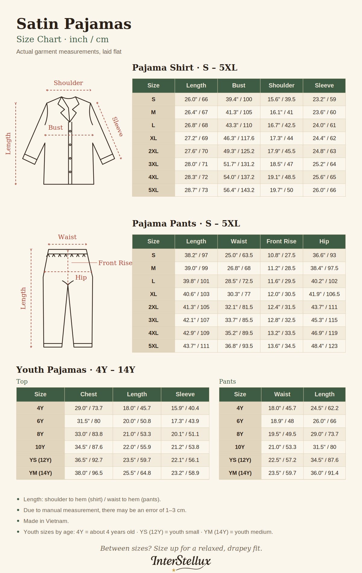 InterStellux satin pajamas size chart