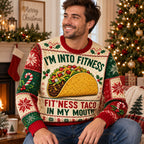 couple wearing matching taco ugly christmas sweater in front of tree