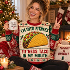 woman holding hot cocoa in matching taco ugly christmas sweater