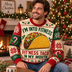 man smiling in taco ugly christmas sweater with snowflake pattern