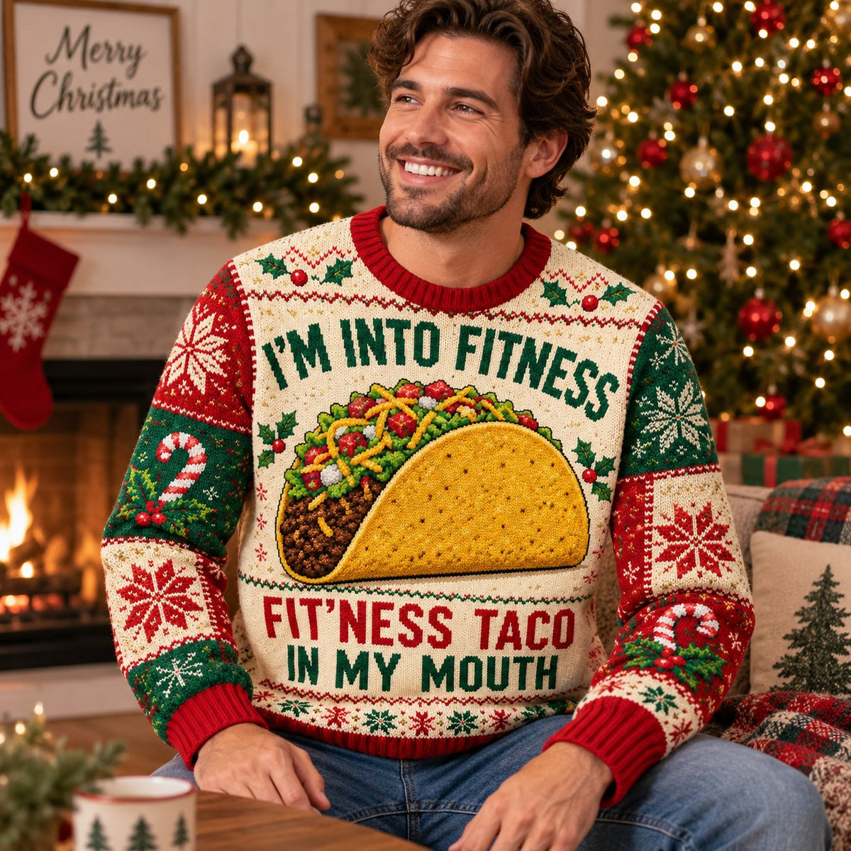 man smiling in taco ugly christmas sweater with snowflake pattern