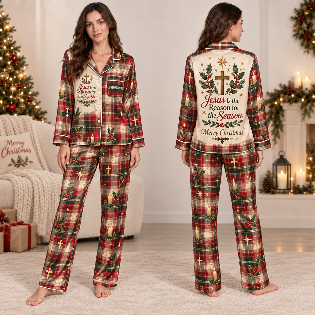model in tartan christmas pajamas with is the reason for the season