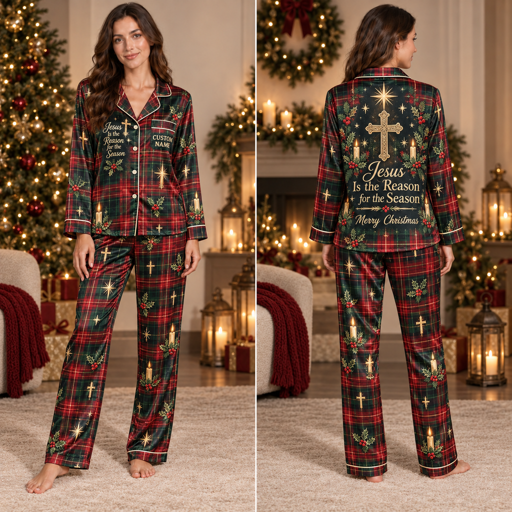 woman wearing custom red and green plaid satin pajamas with christmas cross