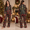 woman wearing custom red and green plaid satin pajamas with christmas cross