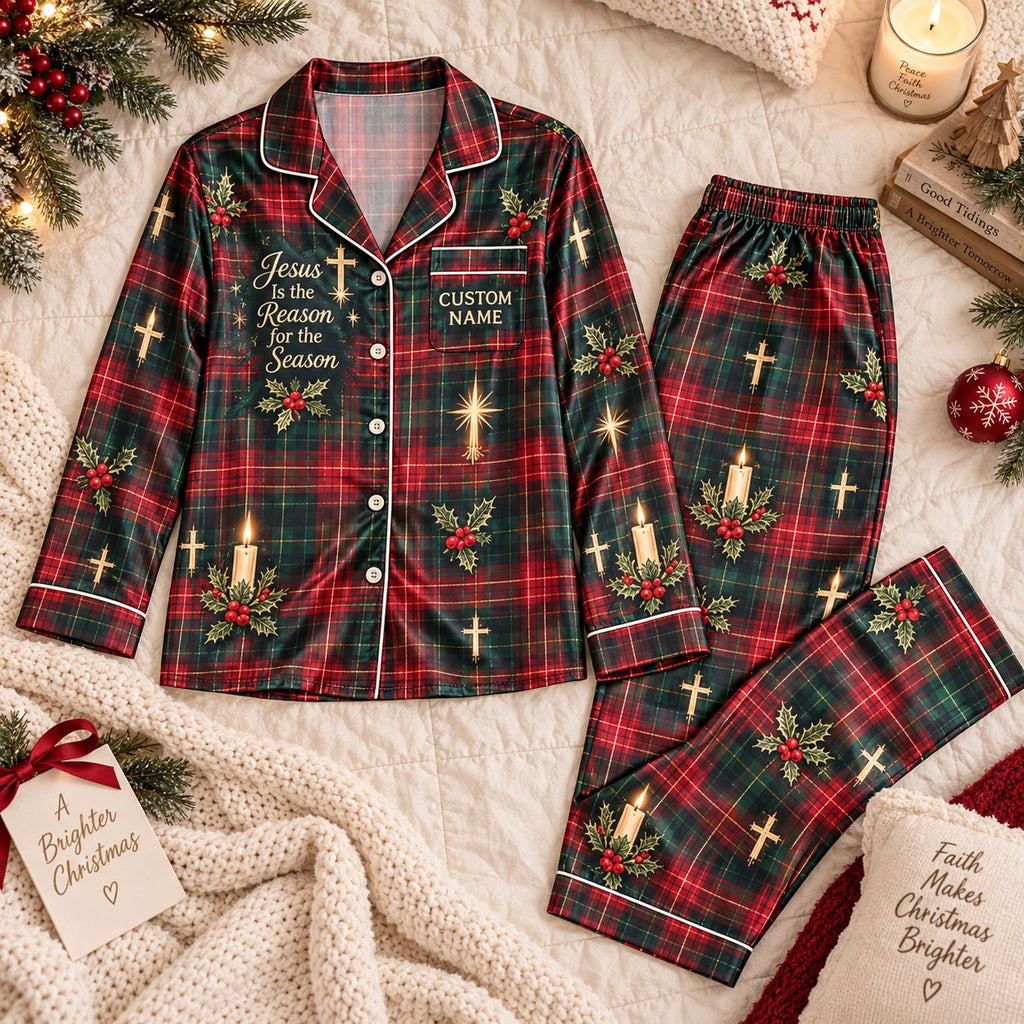 red plaid cross satin pajamas flat lay with a custom name on the chest