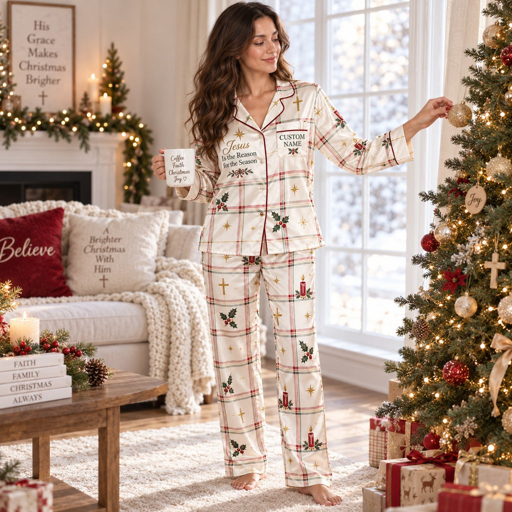 model in silky soft religious christmas pjs holding a festive mug