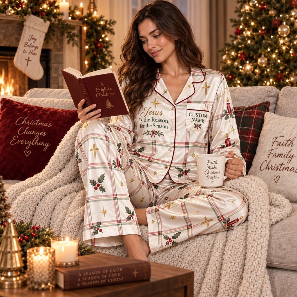 personalized christmas satin loungewear worn by a model reading a book