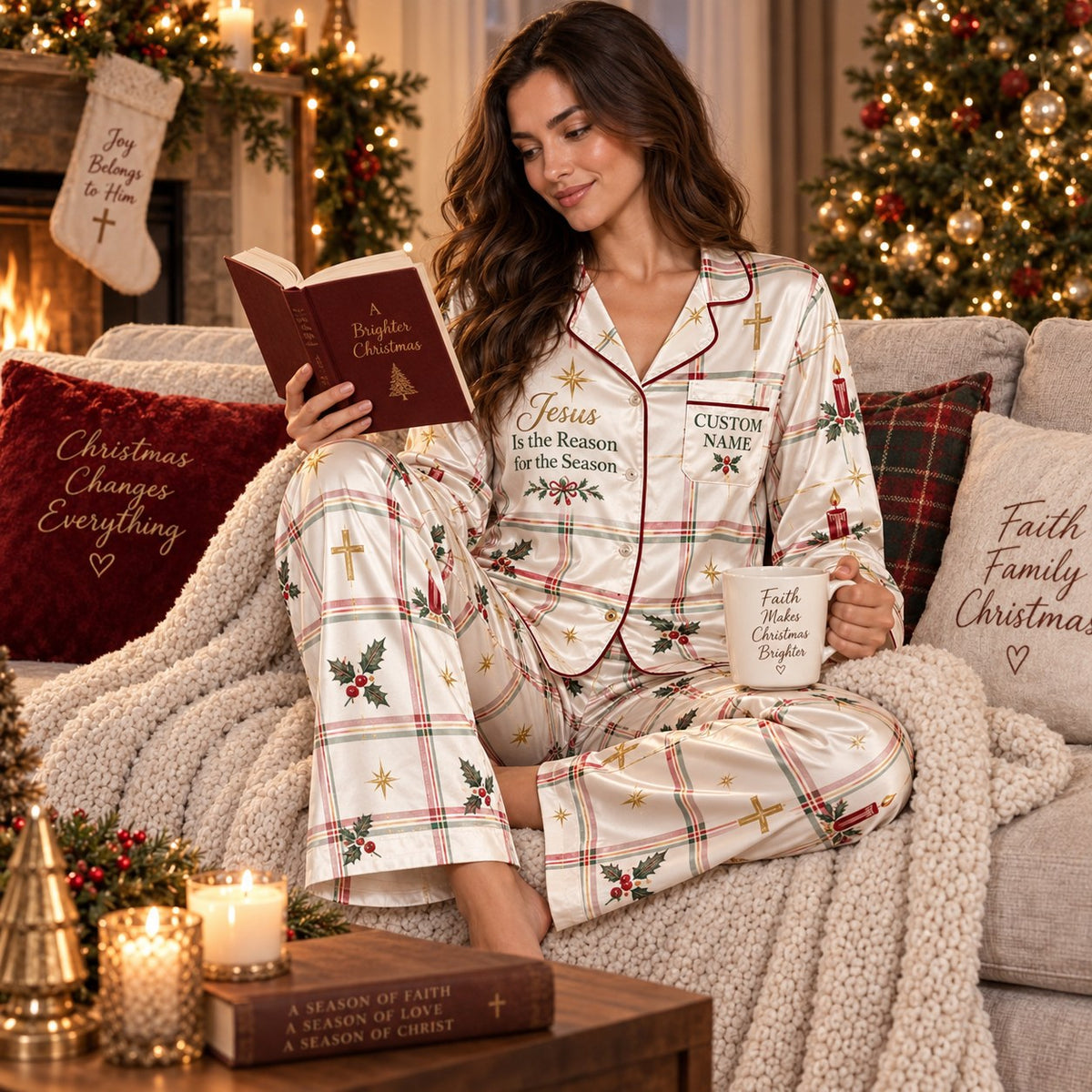 personalized christmas satin loungewear worn by a model reading a book