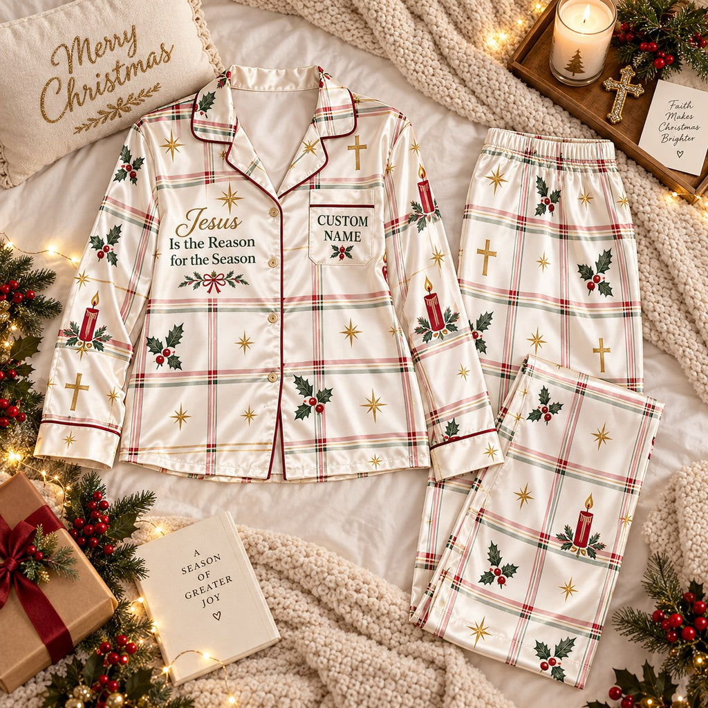 cream plaid christmas satin pajamas flat lay with a custom name on the chest