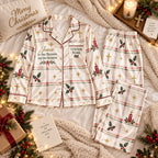 cream plaid christmas satin pajamas flat lay with a custom name on the chest