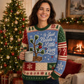 woman holding mug wearing a christmas tree ugly christmas sweater with the