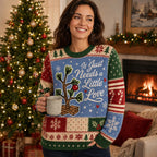 woman holding mug wearing a christmas tree ugly christmas sweater with the