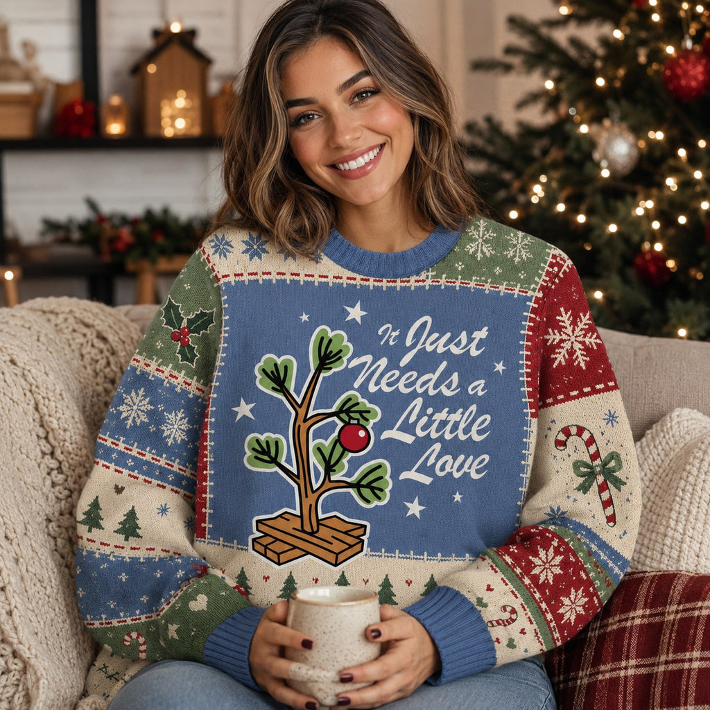 woman wearing a ugly christmas sweater with the it just needs a