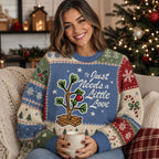 woman wearing a ugly christmas sweater with the it just needs a