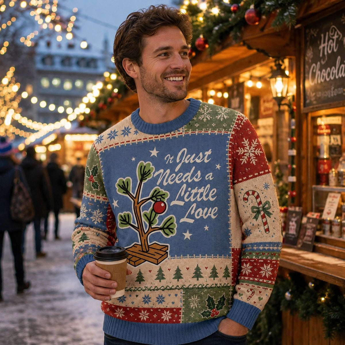 man in a ugly christmas sweater holding a coffee at a christmas