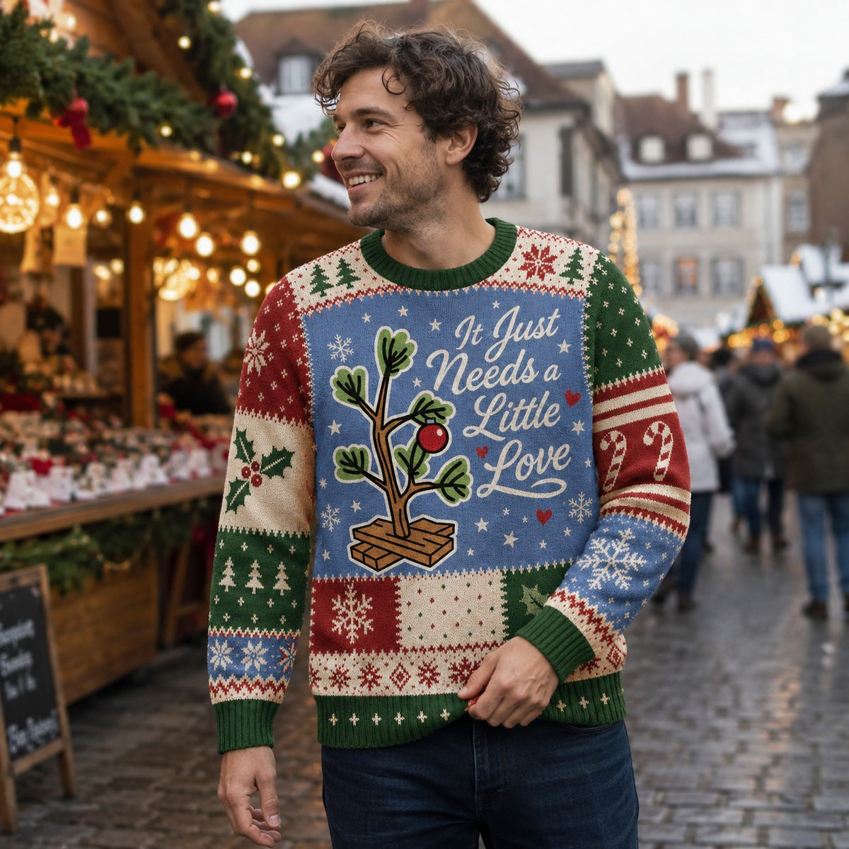 man wearing the same christmas tree ugly christmas sweater outdoors at a