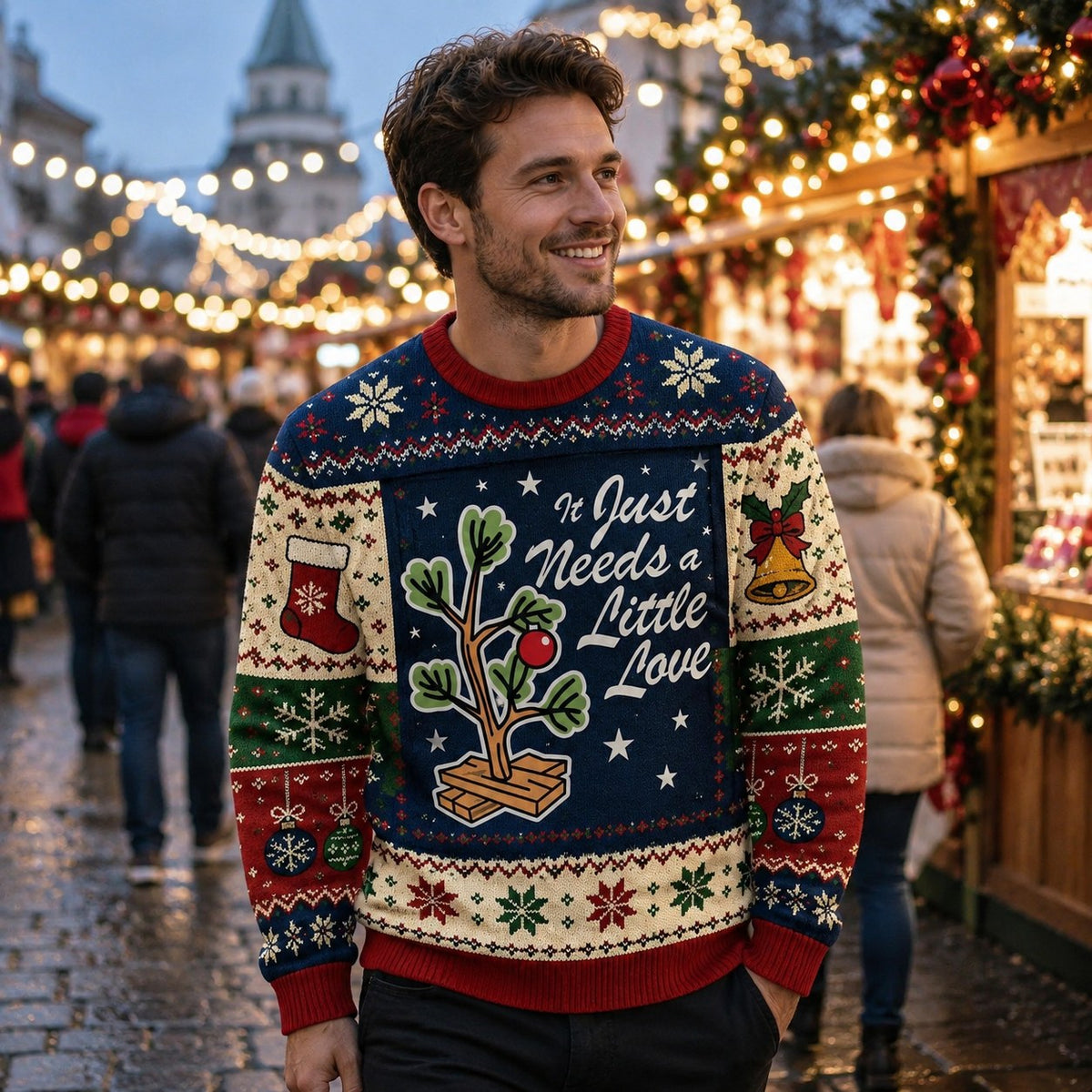 man wearing christmas tree holiday sweater at outdoor market