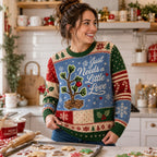 woman in a festive kitchen wearing the christmas tree ugly christmas sweater