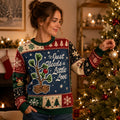 ugly christmas sweater featuring a potted plant and the quote it just