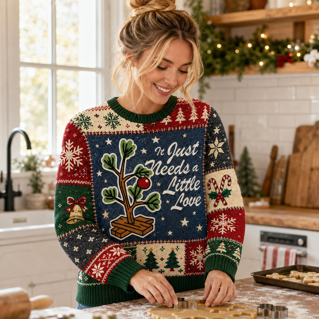 woman baking cookies in a kitchen wearing a plant lover ugly christmas