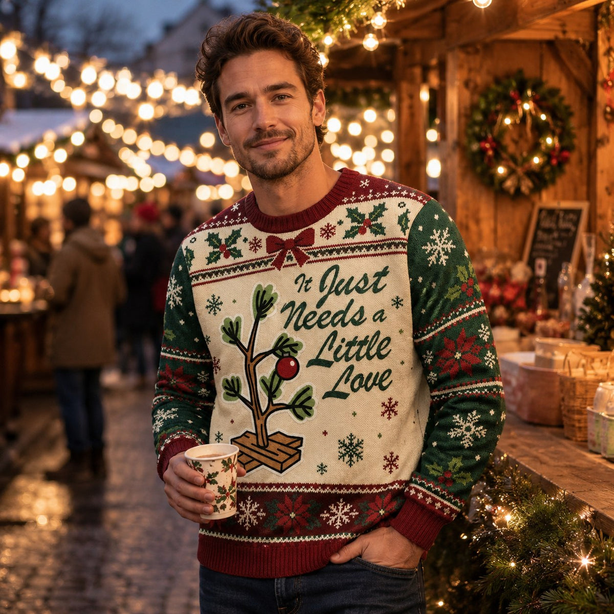 man wearing an ugly christmas sweater with little love tree design at