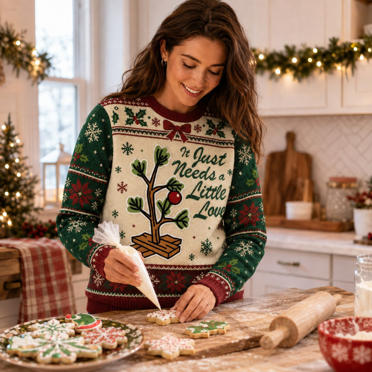 woman piping icing on festive christmas sweater while baking holiday cookies