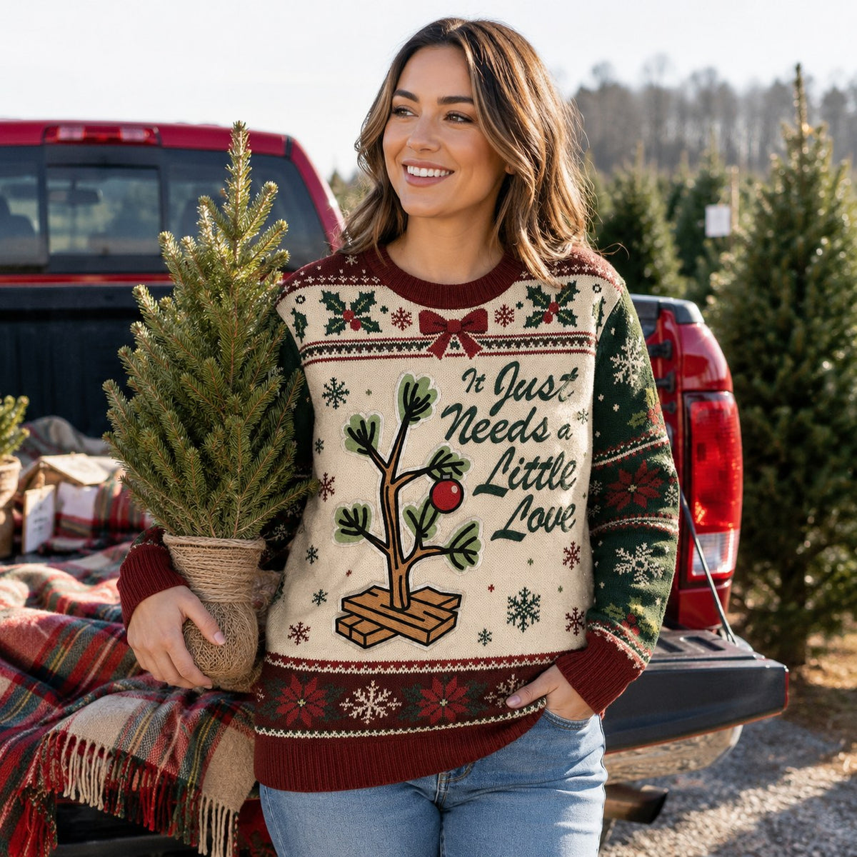 woman posing with a christmas tree in front of pickup truck wearing