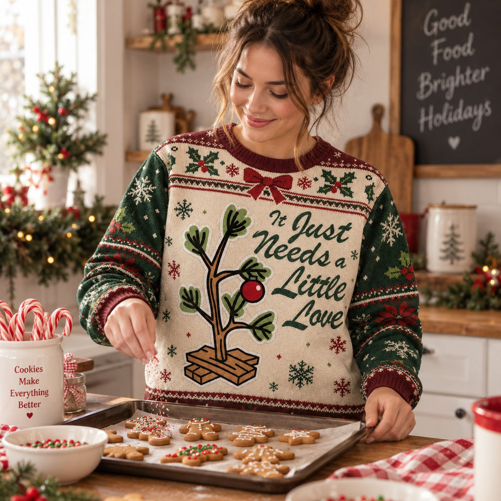 woman decorating gingerbread cookies wearing a little love tree christmas sweater