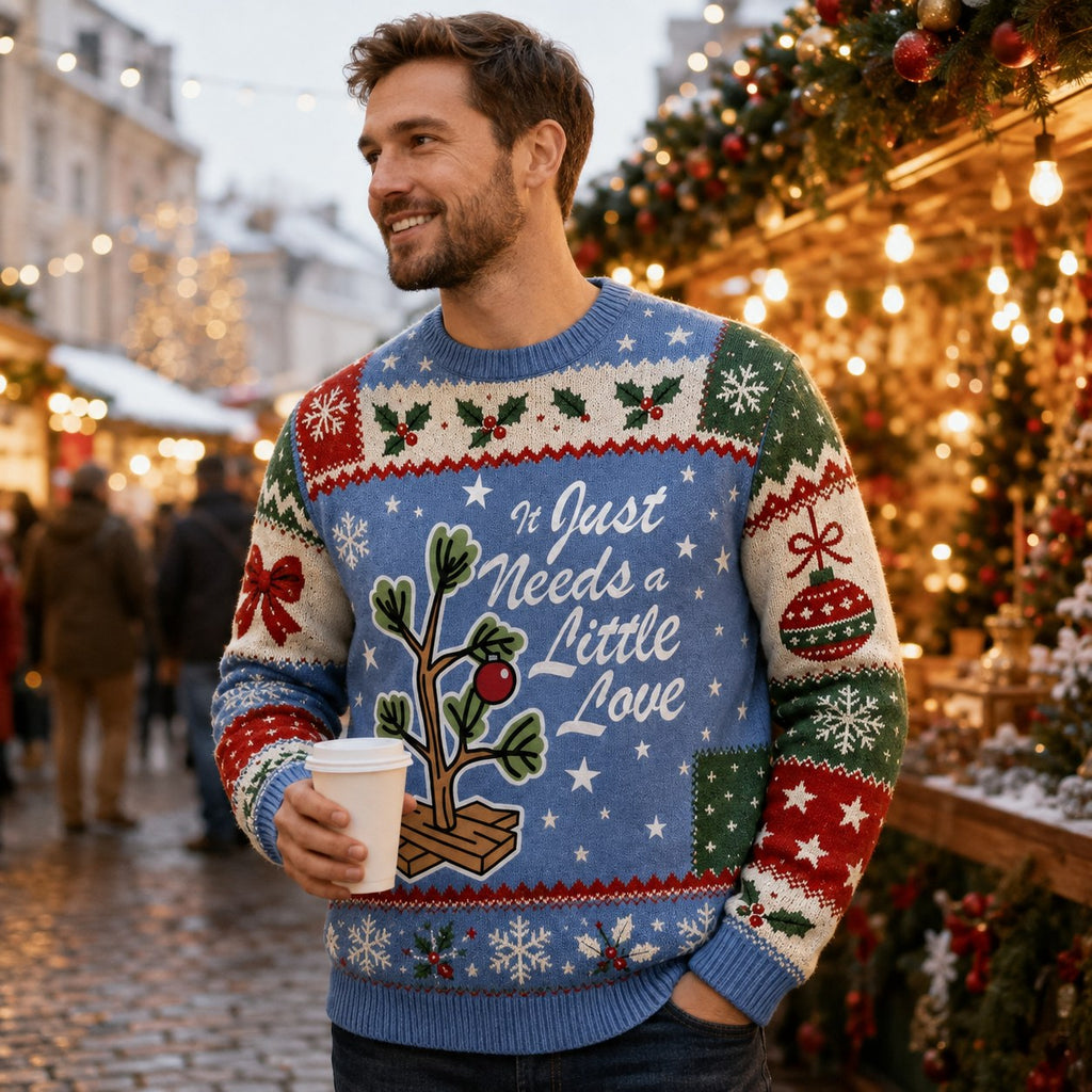 woman wearing an ugly christmas sweater with a tree design indoors