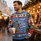 woman wearing an ugly christmas sweater with a tree design indoors