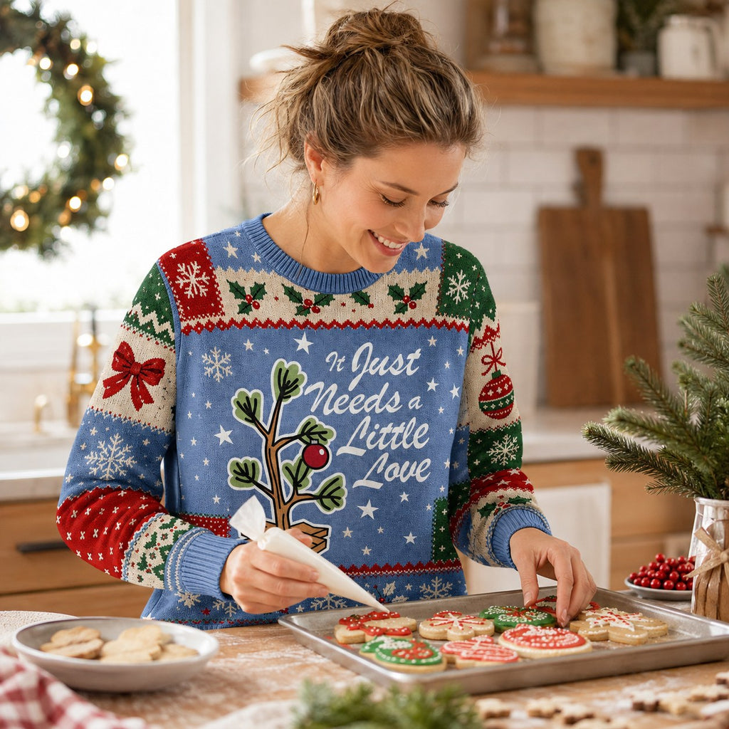 man in an ugly christmas sweater holding coffee at a christmas market