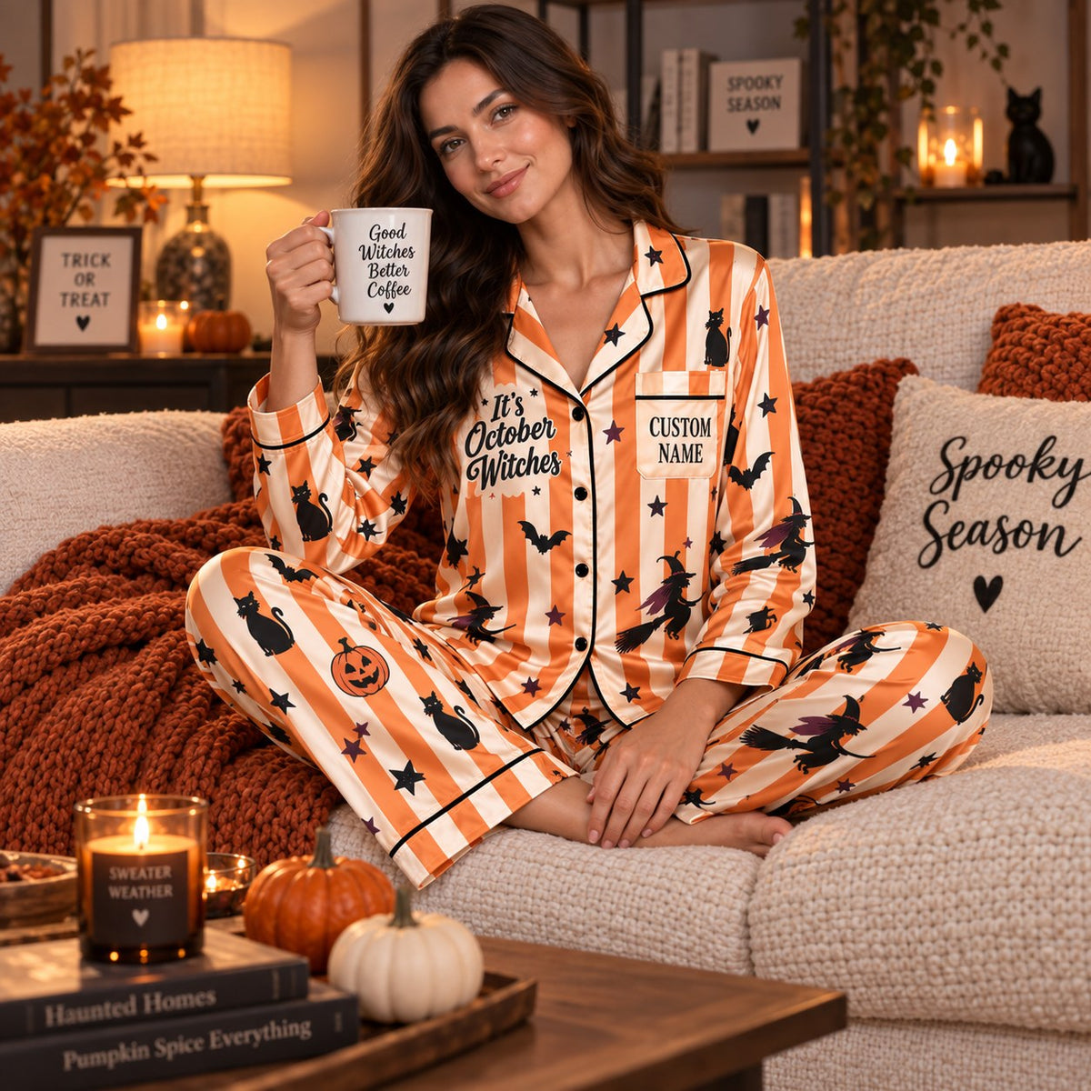 halloween satin pajamas styled in a cozy bedroom