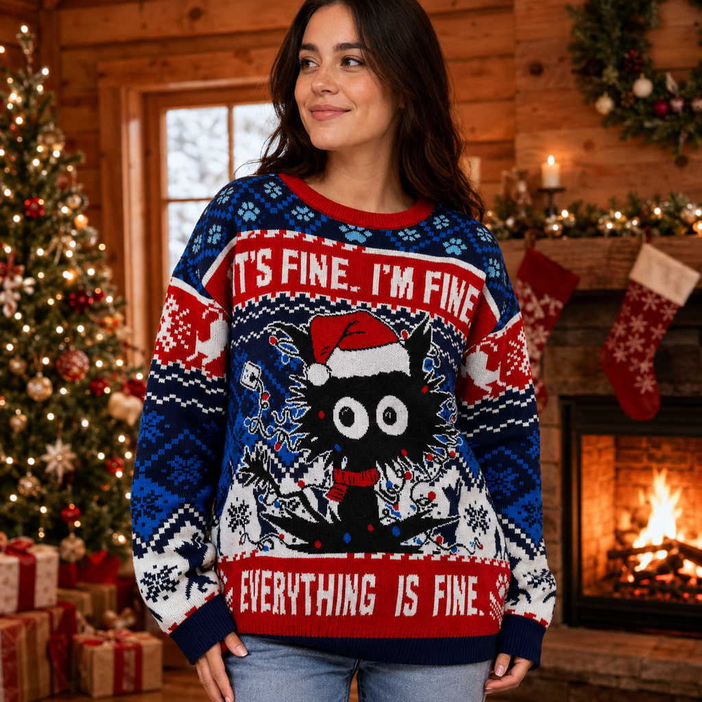 black cat ugly christmas sweater with it's fine i'm fine quote knitted