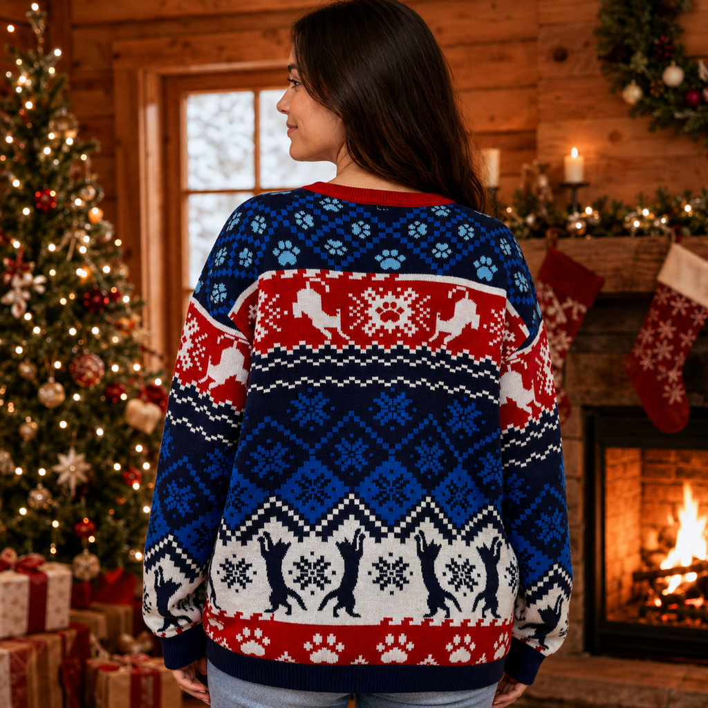 model wearing black cat meowy christmas sweater back view with reindeer pattern