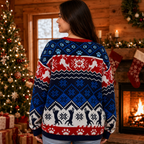 model wearing black cat meowy christmas sweater back view with reindeer pattern