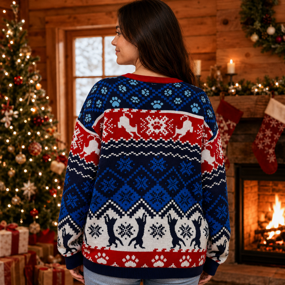 model wearing black cat meowy christmas sweater back view with reindeer pattern