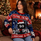 woman sitting wearing black cat funny christmas sweater in front of fireplace