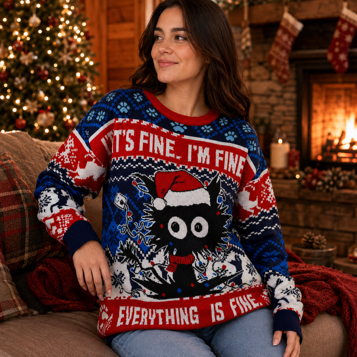 woman sitting wearing black cat funny christmas sweater in front of fireplace