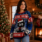 It's Fine I'm Fine Everything Is Fine Black Cat Ugly Christmas Sweater, Meowy Christmas Knit, Funny Holiday Jumper