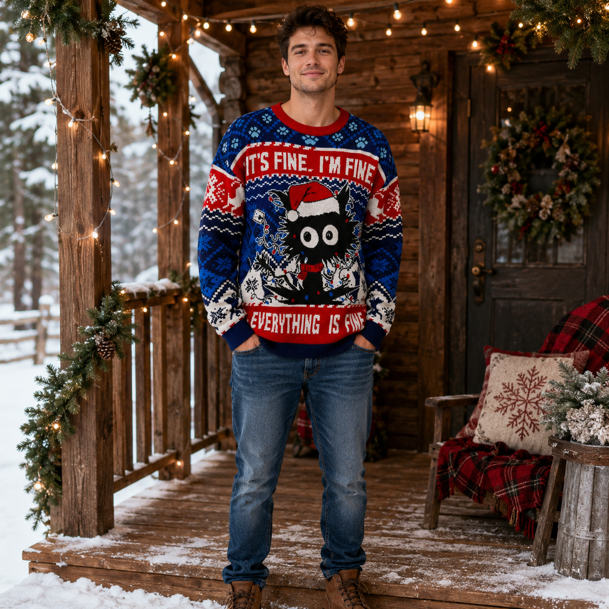 It's Fine I'm Fine Everything Is Fine Black Cat Ugly Christmas Sweater, Meowy Christmas Knit, Funny Holiday Jumper